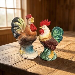 Vintage Hand-painted Ceramic Rooster Figurines Set of 2